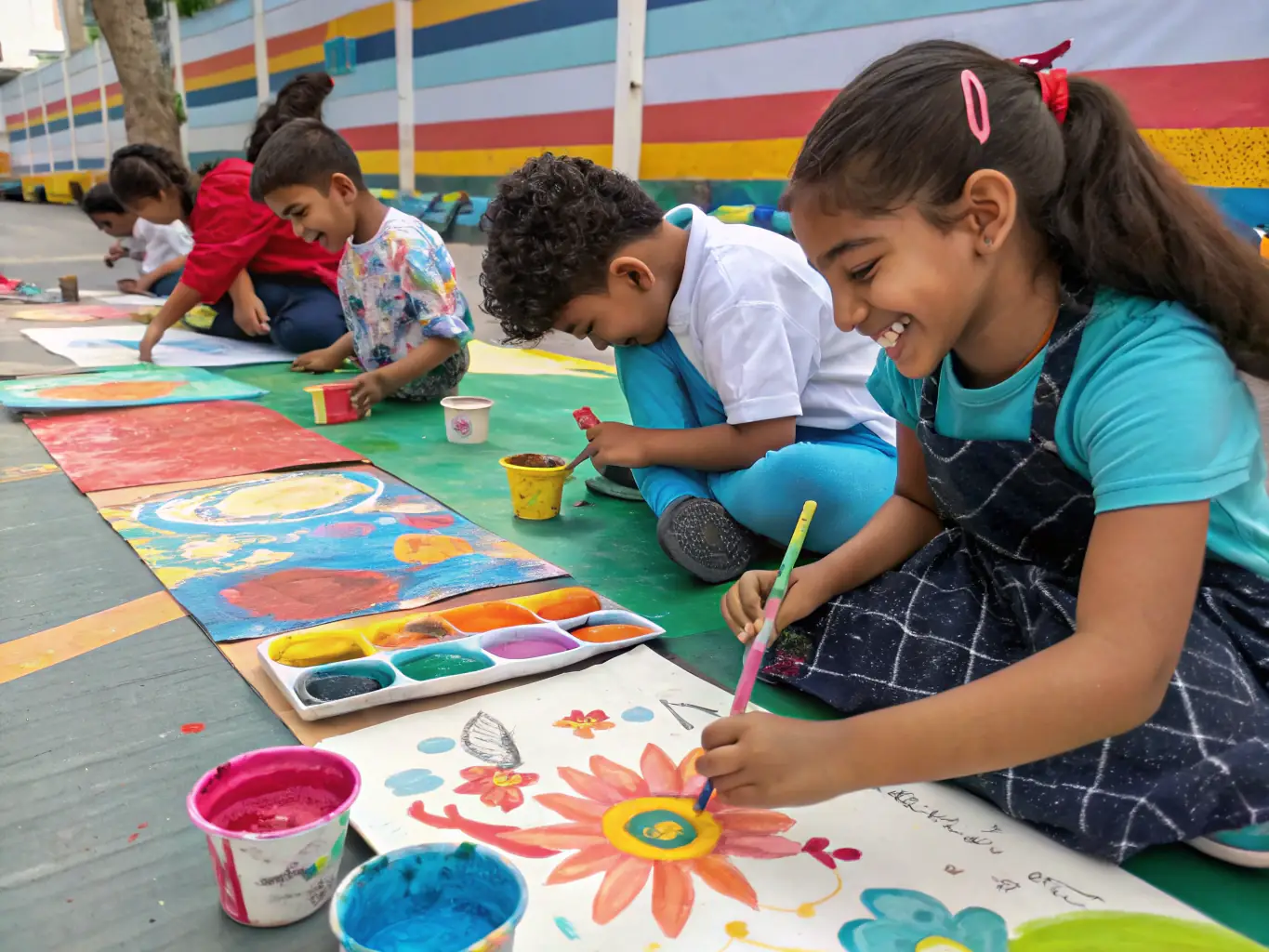 Un groupe d’enfants hospitalisés, souriants, assis autour d’une grande table colorée, peignant et dessinant avec des pinceaux et des feutres, accompagnés d’un animateur bienveillant dans une salle lumineuse décorée d’œuvres d’art réalisées par les enfants.