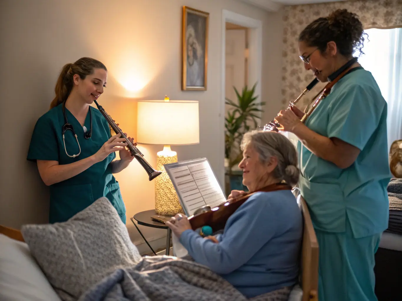 Une photo d’un atelier musical où des enfants hospitalisés jouent de petits instruments, chantent ensemble et rient, accompagnés d’un musicien professionnel, dans une ambiance chaleureuse et inclusive.