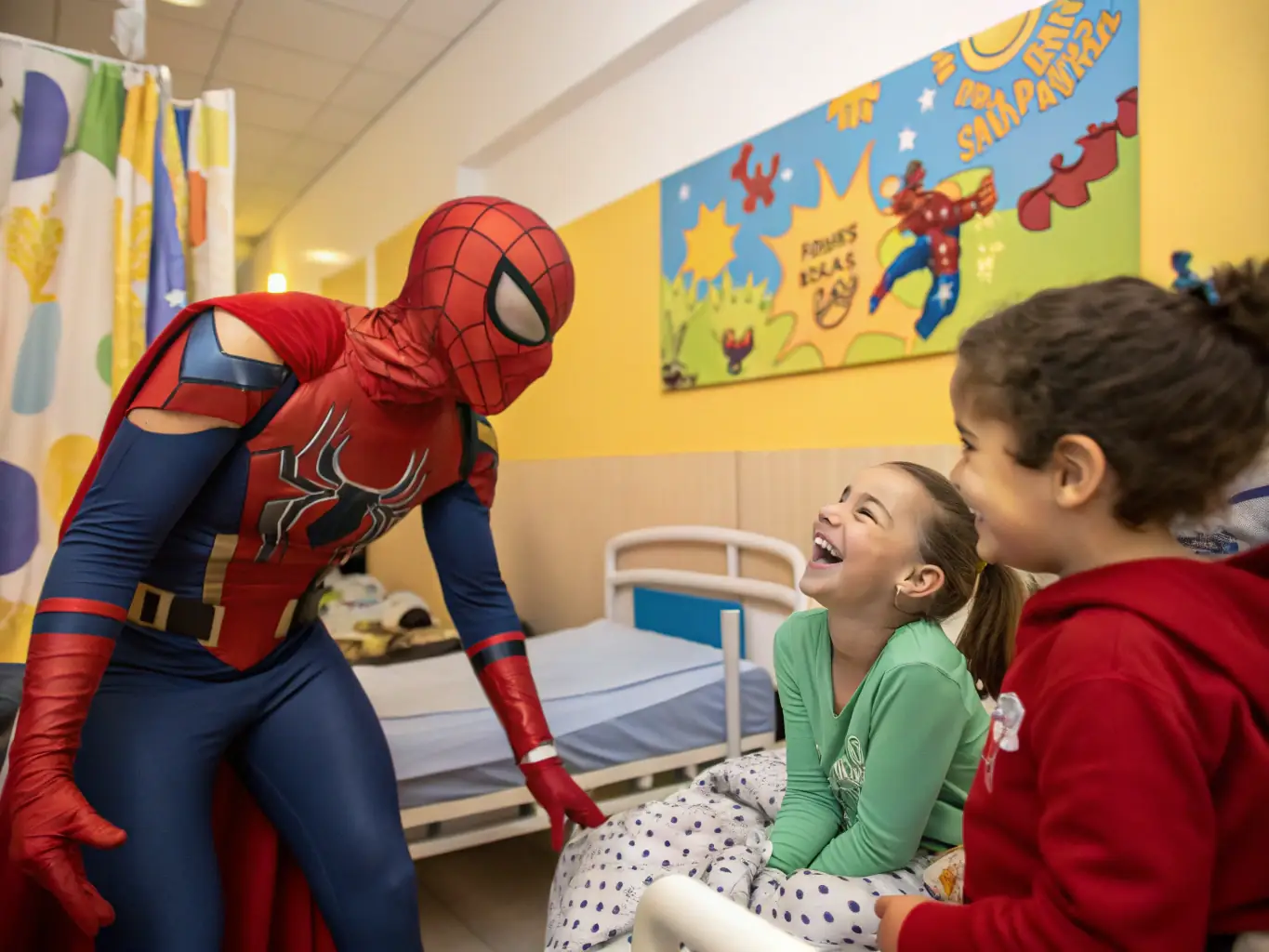 Des enfants et adolescents réunis autour d’un conteur, captivés par une animation théâtrale, avec des costumes colorés et des décors ludiques, dans une salle d’hôpital aménagée pour l’événement.